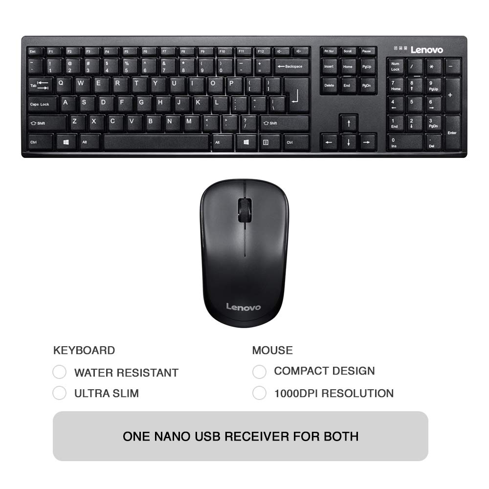 Lenovo 100 Wireless Keyboard and Mouse Set, Ambidextrous 1000 DPI Mouse Optical Sensor, upto 3M clicks, Ultra slim water GX30L66303