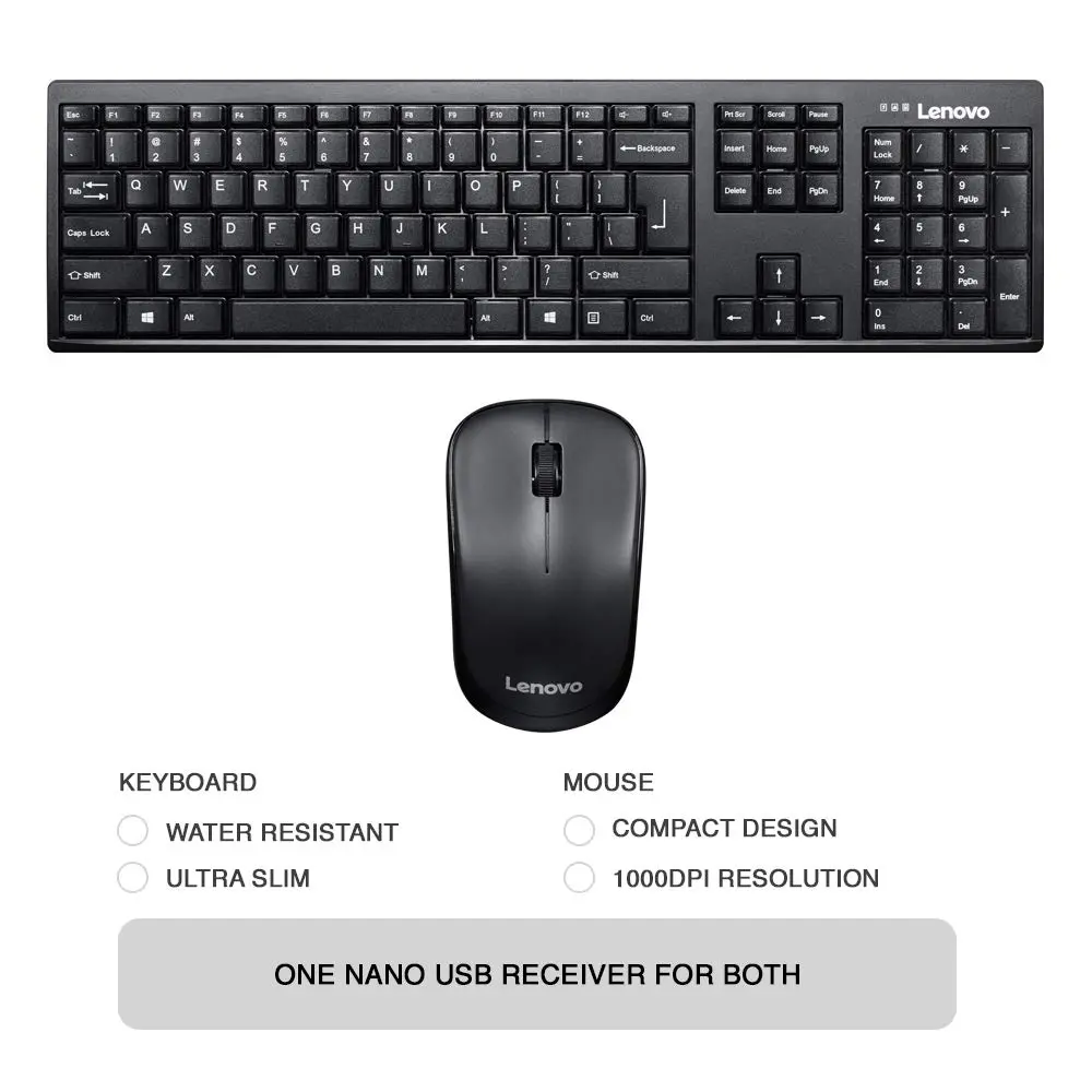 Lenovo 100 Wireless Keyboard and Mouse Set, Ambidextrous 1000 DPI Mouse Optical Sensor, upto 3M clicks, Ultra slim water GX30L66303