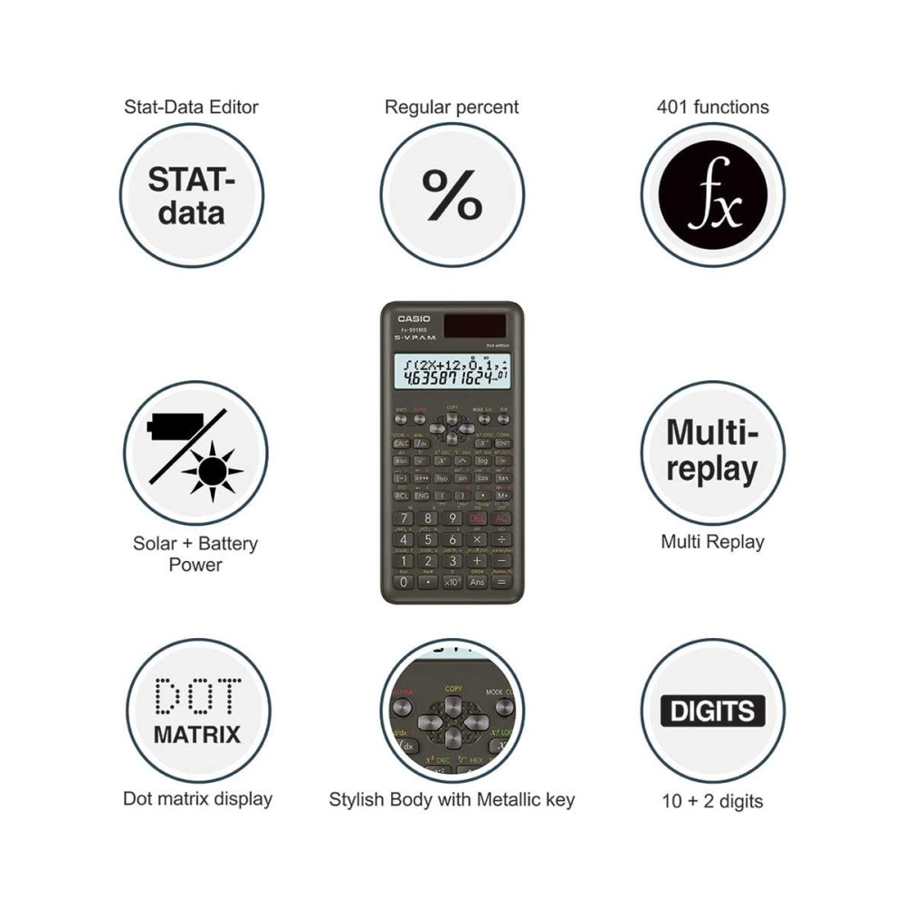 Casio FX-991MS 2nd Gen Non-Programmable Scientific Calculator, 401 Functions and 2-line Display, Black