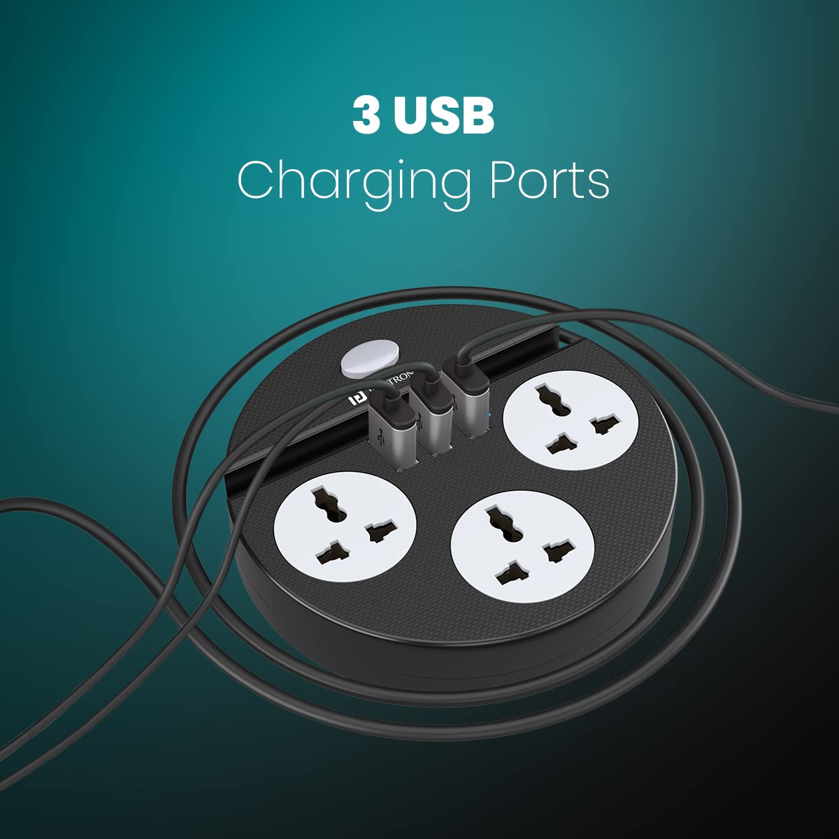 Portronics Power Plate 5 1500W Power Converter with USB Charger & Mobile Holder 3AC Socket + 3USB Ports, 1.5 m Cord Length (Black)