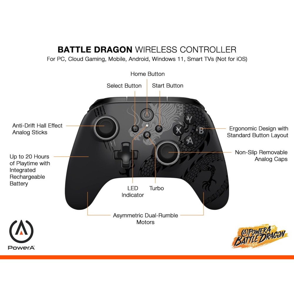 PowerA Battle Dragon™ Wireless Controller for PC and Cloud Gaming: Magnetic Hall Effect, Asymmetric Rumble Motors, 20h Playtime (Not for iOS) PowerA Battle Dragon™ Wireless Controller for PC and Cloud Gaming: Magnetic Hall Effect, Asymmetric Rumble Motors, 20h Playtime (Not for iOS)