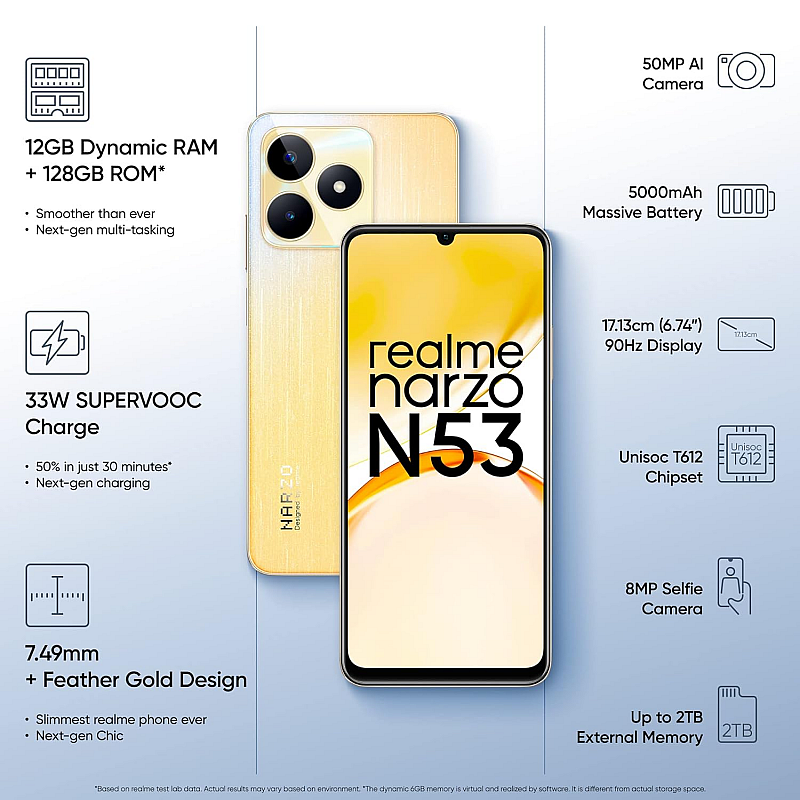 realme narzo N53 (Feather Gold, 8GB RAM 128GB Storage Refurbished