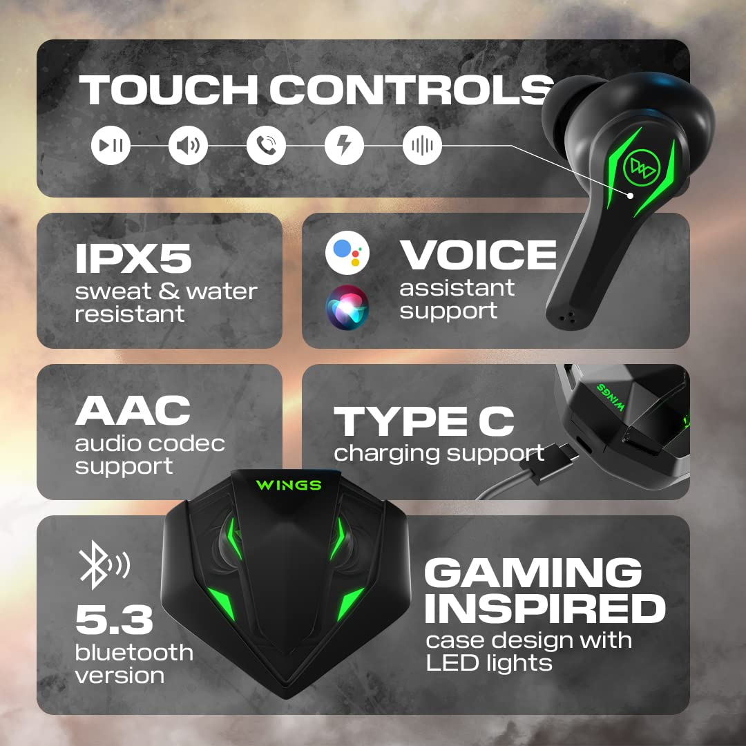 Wings Phantom Pro Earphones Gaming Earbuds with LED Battery Indicator 40 Hours Playtime Mic Black
