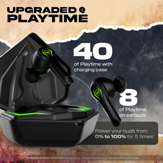 Wings Phantom Pro Earphones Gaming Earbuds with LED Battery Indicator 40 Hours Playtime Mic Black