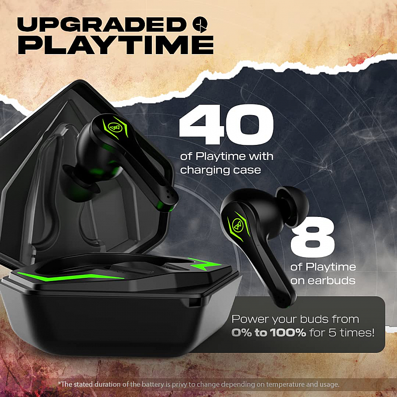 Wings Phantom Pro Earphones Gaming Earbuds with LED Battery Indicator 40 Hours Playtime Mic Black