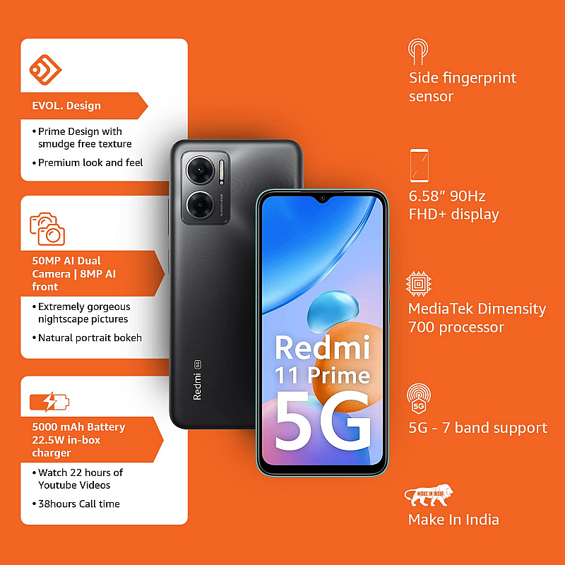 Redmi 11 Prime 5G (Thunder Black, 6GB RAM, 128GB Storage) Refurbished