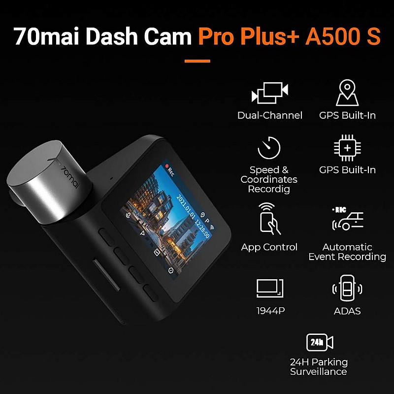 70mai Pro Plus+ A500S Dual Channel Car Dash Cam, 5MP Sony STAVIS IMX335 Sensor, 3K Front & Full HD Rear, Refined ADAS, Built-in GPS Logger, Night Owl Vision, 70mai App, Optional Parking Mode