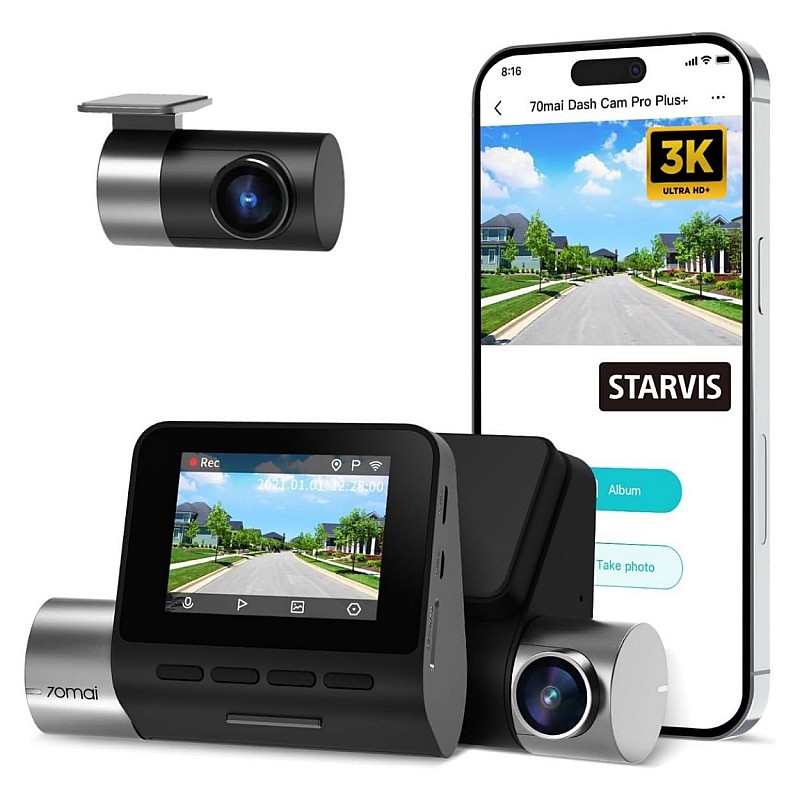 70mai Pro Plus+ A500S Dual Channel Car Dash Cam, 5MP Sony STAVIS IMX335 Sensor, 3K Front & Full HD Rear, Refined ADAS, Built-in GPS Logger, Night Owl Vision, 70mai App, Optional Parking Mode