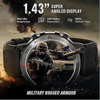 beatXP Duke Rugged 1.43 Round Super AMOLED Bluetooth Calling Smart Watch, Functional Crown, 466 * 466px, 60Hz Refresh Rate, AI Voice Assistance (Black)