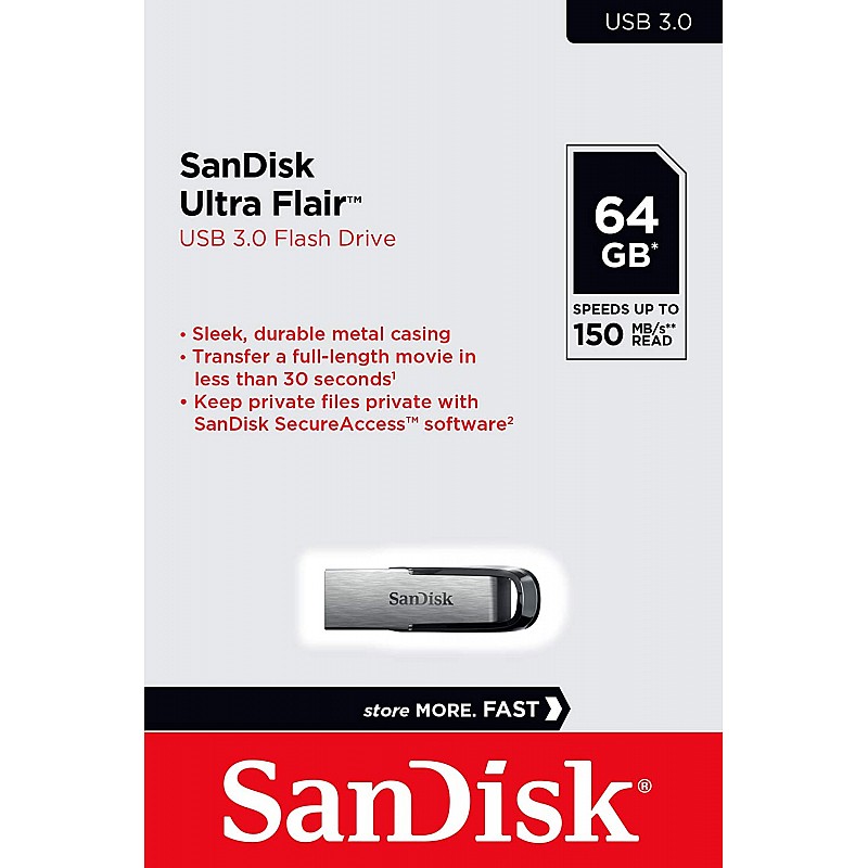 Sandisk Ultra Flair USB Flash Drive, 64 GB, Silver (SDCZ73-064G-A46)