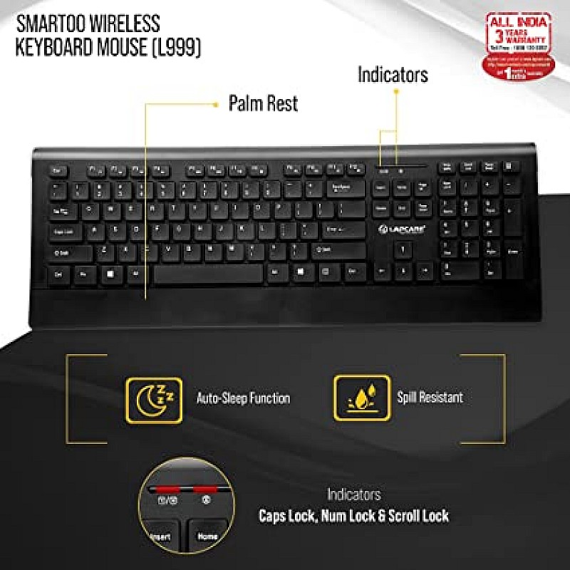 Lapcare smartoo l999 wireless keyboard and mouse combo with auto sleep black