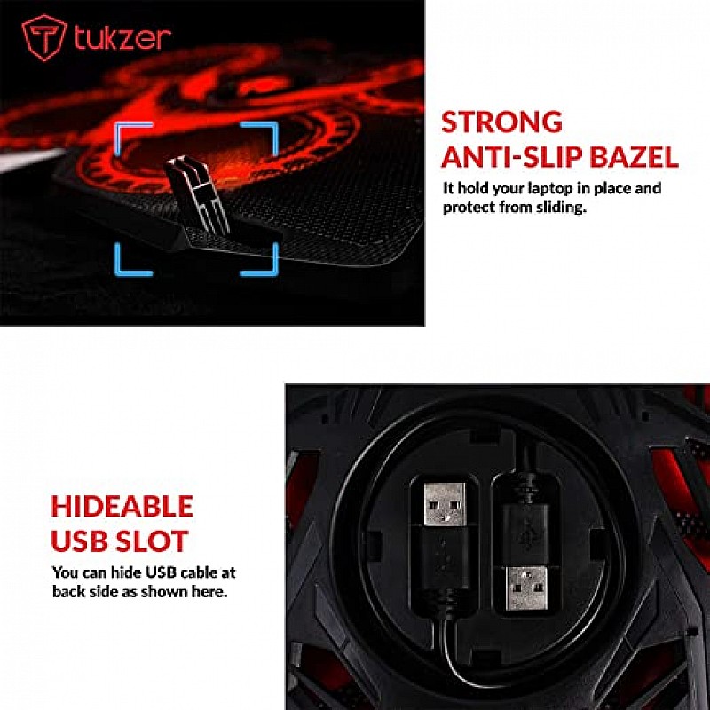 Tukzer Laptop Cooling Pad, Portable Slim Quiet-USB Powered Gaming Cooler Stand Chill Mat| 4-Red-LED Fans| Dual-USB-Port 