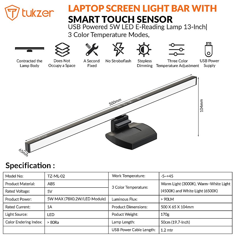 Tukzer Monitor Screen Light Bar with Smart Touch Sensor Black