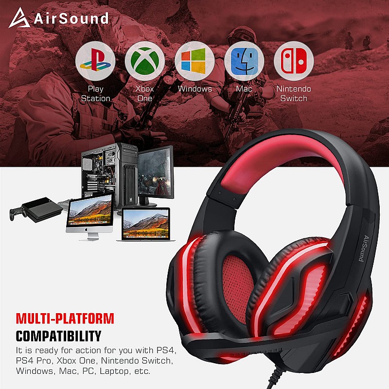 AirSound Alpha-3 Stereo Gaming Headset for Noise Cancelling Over-Ear Headphones with Mic