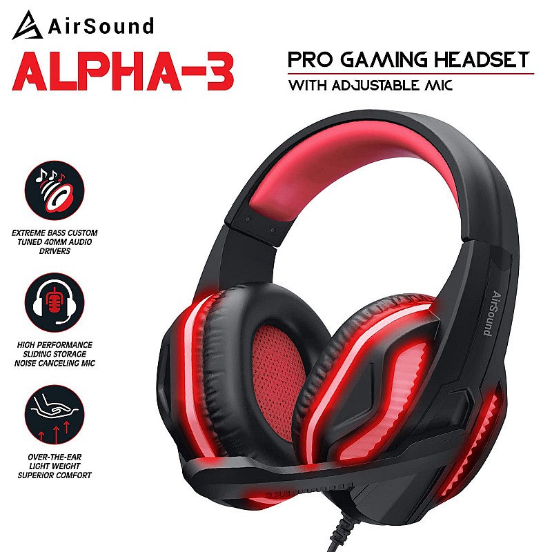 AirSound Alpha-3 Stereo Gaming Headset for Noise Cancelling Over-Ear Headphones with Mic