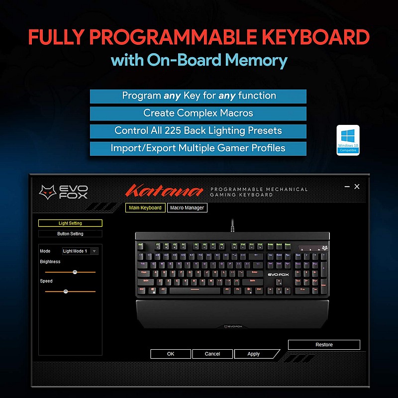 EvoFox Katana Fully Programmable Mechanical Gaming Keyboard with Blue Switches, Backlit Keys,   (Black