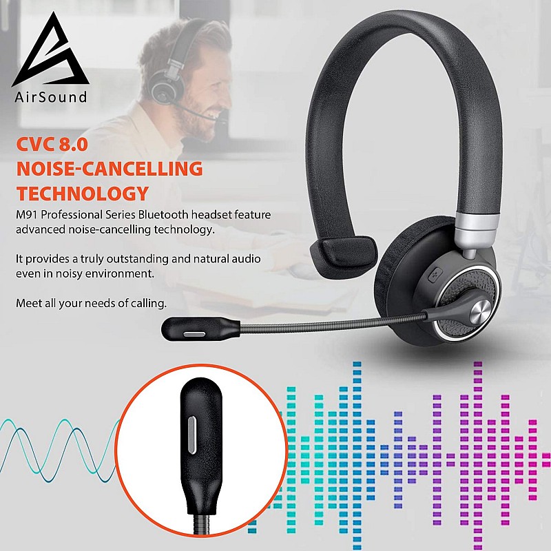 AIRSOUND M91 PROFESSIONAL SERIES  Pro Bluetooth Wireless Over Ear Headphones,BT V5.0 Wireless CVC 8.0 Noise-Cancelling 