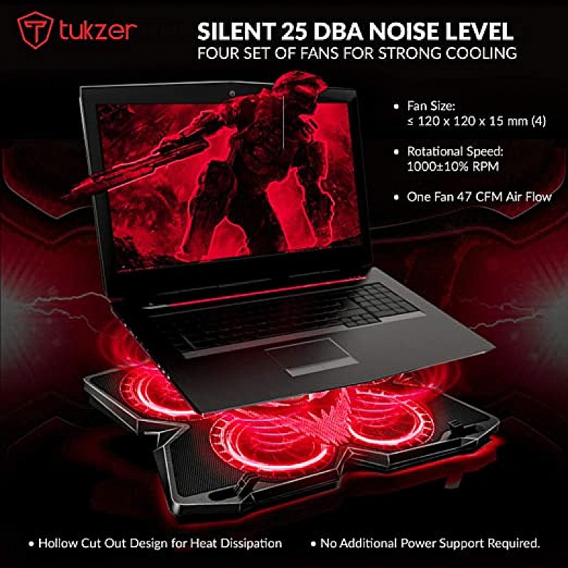 Tukzer Laptop Cooling Pad, Portable Slim Quiet-USB Powered Gaming Cooler Stand Chill Mat| 4-Red-LED Fans| Dual-USB-Port 