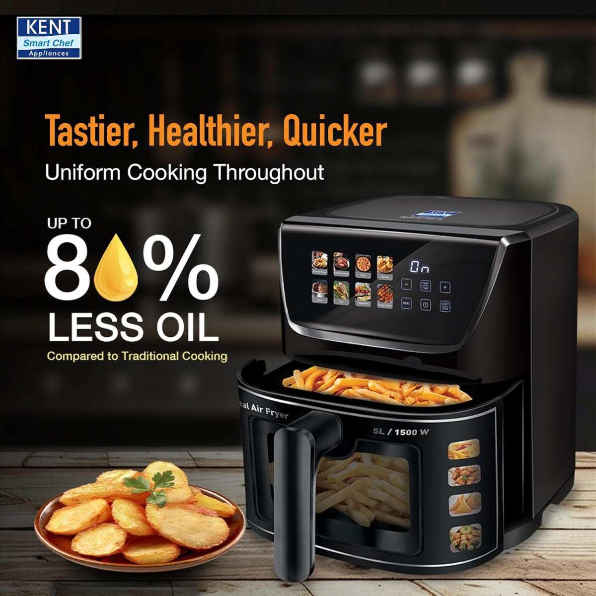 KENT Ultra Digital Air Fryer 5L | 1500W | Bake, Grill & Roast | Up to 80% Less Oil Usage |8 Preset Menu|Rapid Heat Circulation KENT Ultra Digital Air Fryer 5L | 1500W | Bake, Grill & Roast | Up to 80% Less Oil Usage |8 Preset Menu|Rapid Heat Circulation