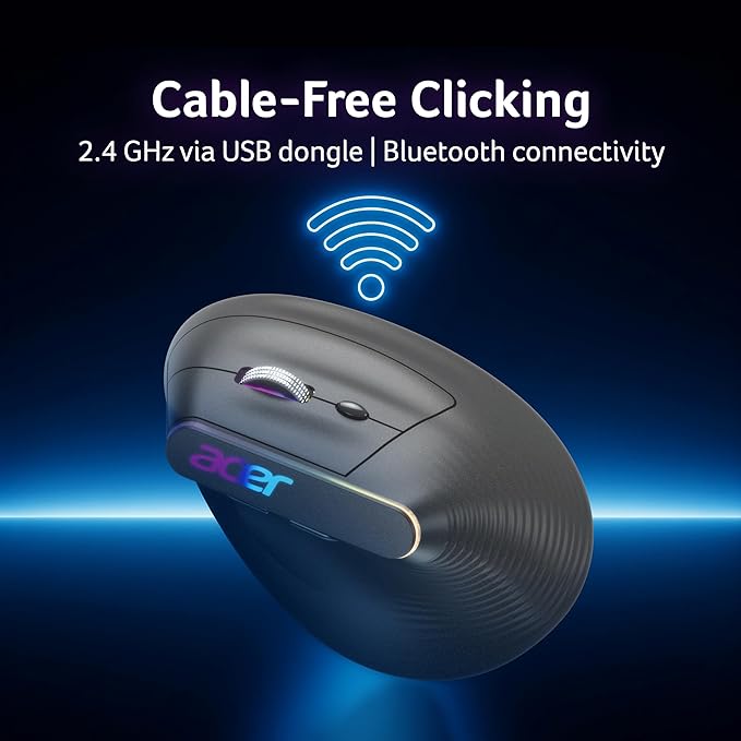 Acer ErgoEase Wireless Ergonomic Optical Mouse with Bluetooth (Bluetooth, USB 3.0, Grey)