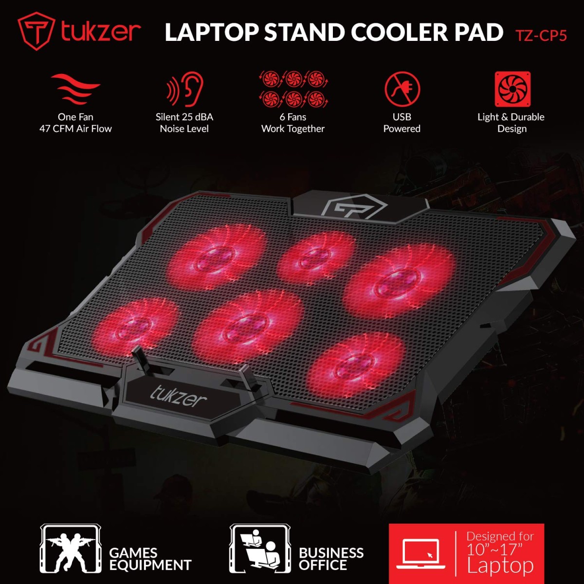 Tukzer Laptop Cooling Pad, Portable Slim Quiet USB Powered Gaming Cooler Stand