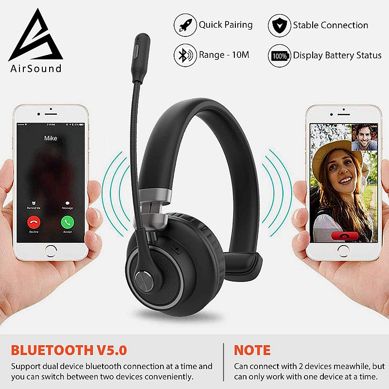 AIRSOUND M91 PROFESSIONAL SERIES  Pro Bluetooth Wireless Over Ear Headphones,BT V5.0 Wireless CVC 8.0 Noise-Cancelling 