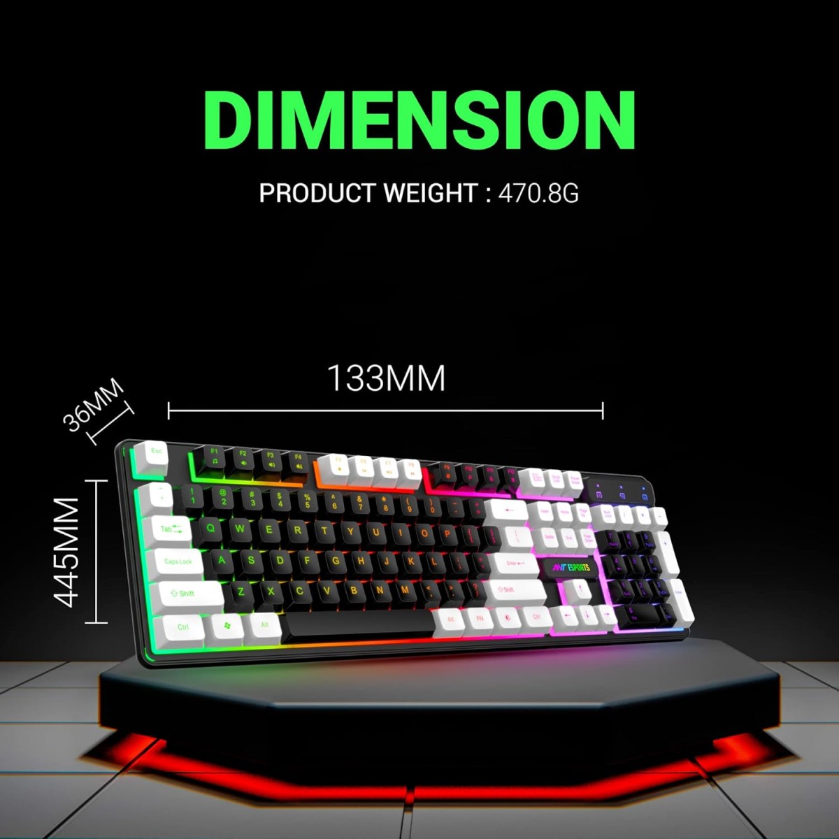 Ant Esports MK1400 Rainbow LED Illumination, White and Black Keycaps, Backlit Membrane Wired USB Gaming Keyboard Black