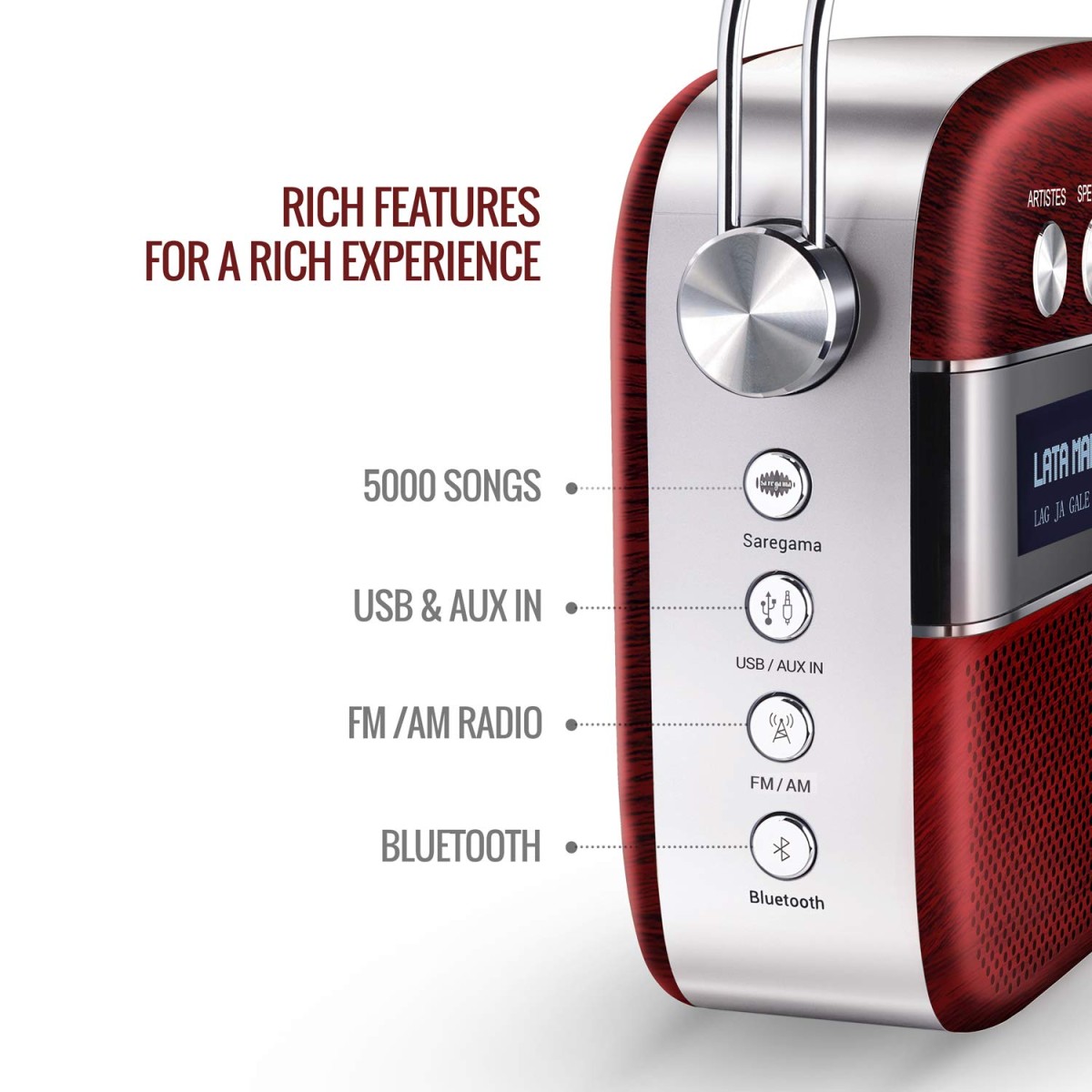 Saregama Carvaan Hindi - Portable Music Player with 5000 Preloaded Songs, FM/BT/AUX (Cherrywood Red)