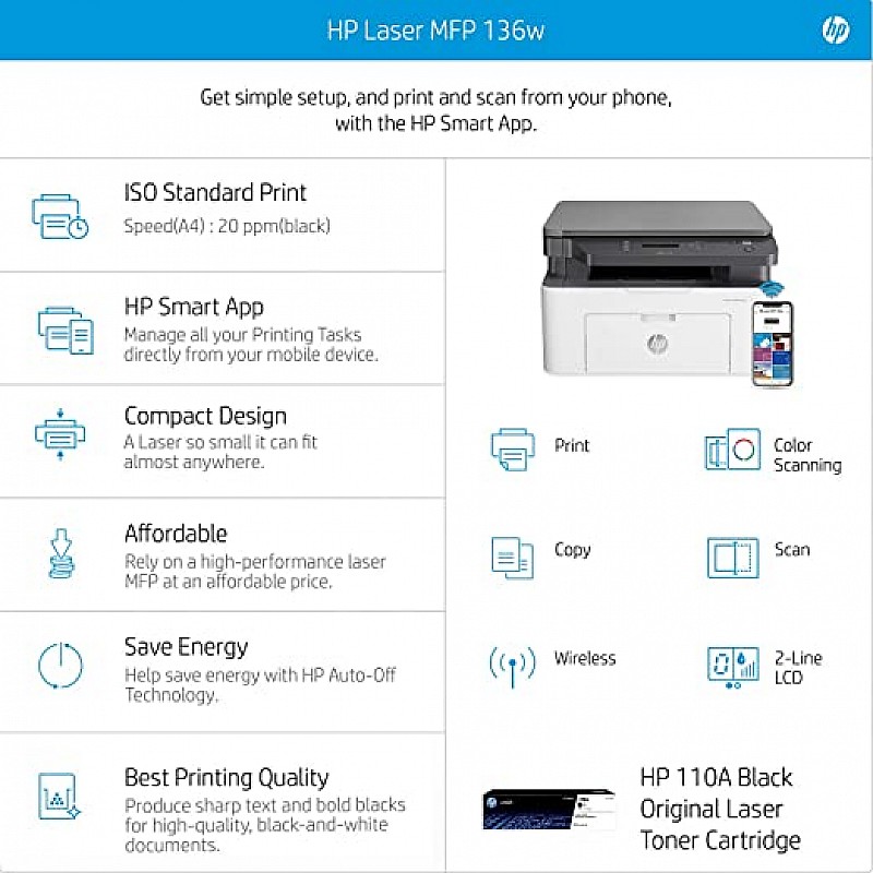 hp laserjet 136w laser monochrome print scan copy with direct Wi-Fi compact design