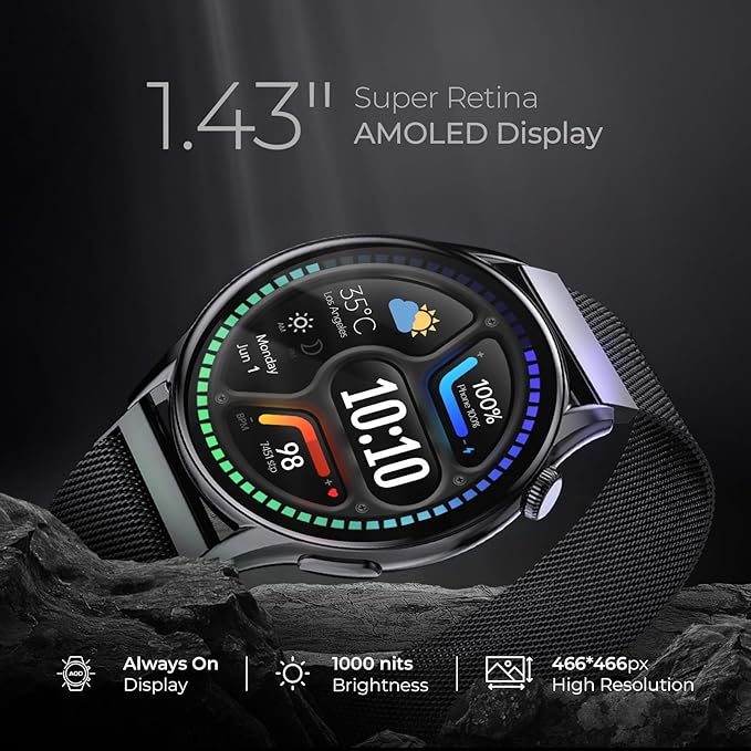 beatXP Evoke 1.43 Super Retina AMOLED Display Bluetooth Calling Smart Watch, 466 * 466px, 1000 Nits, 60Hz Refresh Rate, 100+ Sports Modes beatXP Evoke 1.43 Super Retina AMOLED Display Bluetooth Calling Smart Watch, 466 * 466px, 1000 Nits, 60Hz Refresh Rate, 100+ Sports Modes