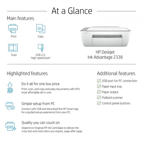 HP Deskjet Ink Advantage 2338 Colour Printer Scanner and Copier for Home-Small Office Compact Size Easy Set-up Printer