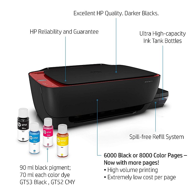 HP Ink Tank 316 Colour Printer, Scanner and Copier for Home/Office, High Capacity Tank Printer (Pre Ink Loaded)