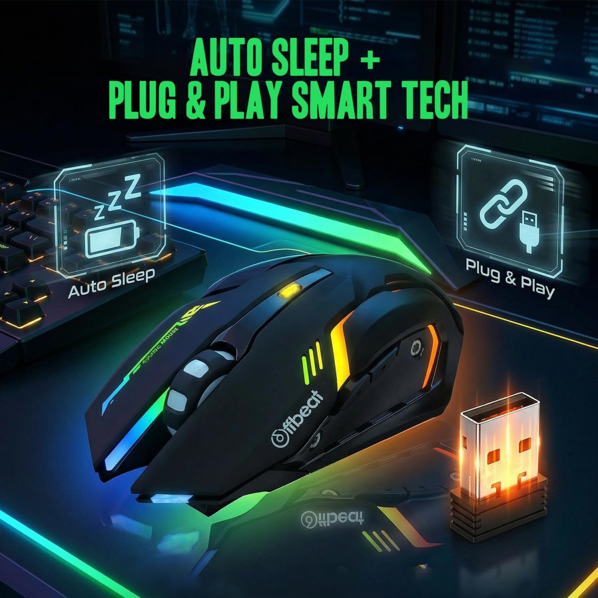Offbeat RIPJAW 2.4Ghz Rechargeable Wireless Gaming Mouse, Silent Click Buttons Mouse - 7D Buttons, DPI : 1600,2400,3200, Mice for PC/Laptop/Smart TV/Mac(Light Weight)