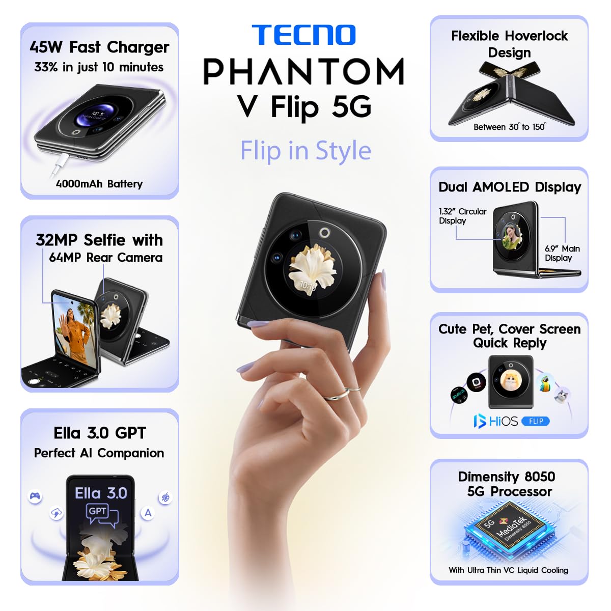 Tecno Phantom V Flip 5G (Iconic Black 8 GB RAM) 256 GB Storage