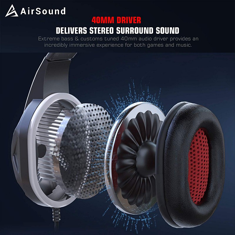 AirSound Alpha-3 Stereo Gaming Headset for Noise Cancelling Over-Ear Headphones with Mic