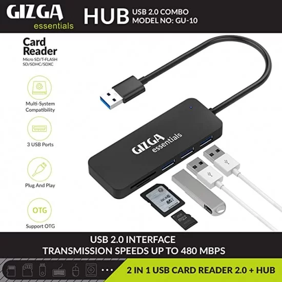 Gizga Essentials USB Hub 5 in 1, 3 USB 2.0, 2-Port Card Reader, SD TF Data Transfer Upto 480Mbps 