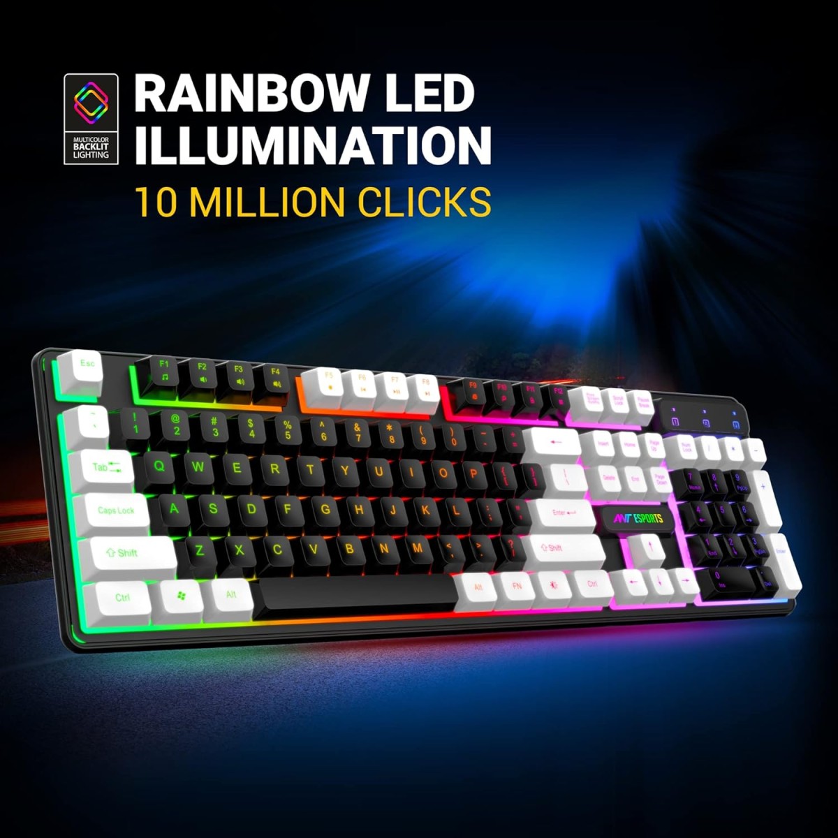 Ant Esports MK1400 Rainbow LED Illumination, White and Black Keycaps, Backlit Membrane Wired USB Gaming Keyboard Black