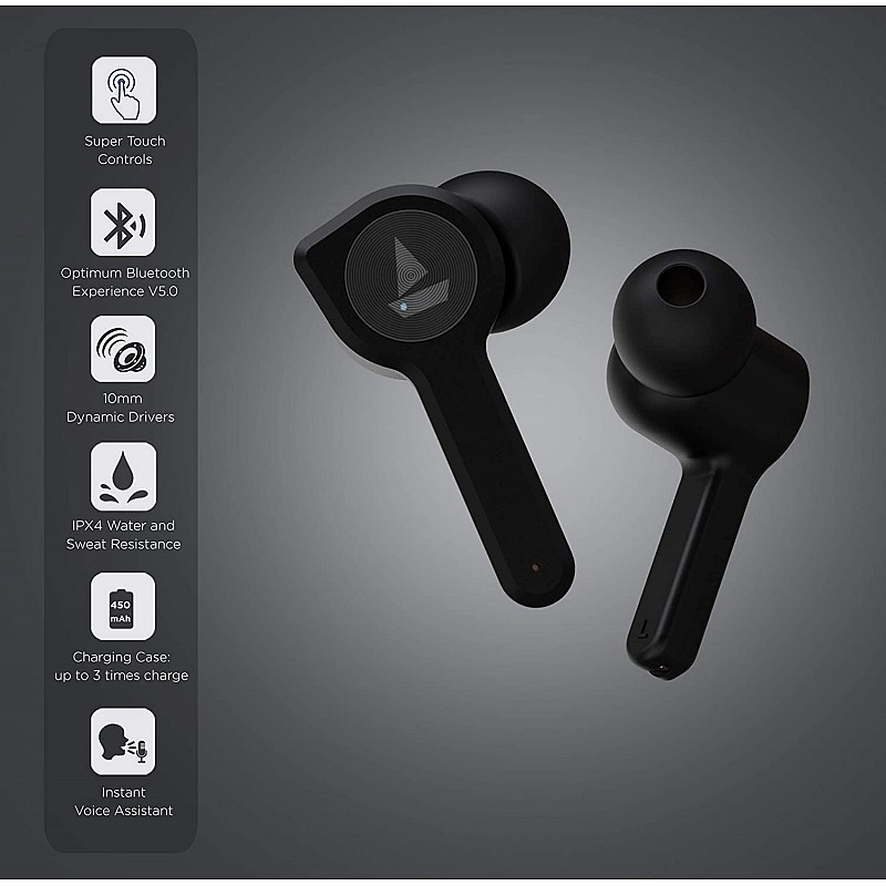 boAt airdopes 408 tws ear-buds with true voice assistant up to 20h total playback, ipx4 water resistance active black