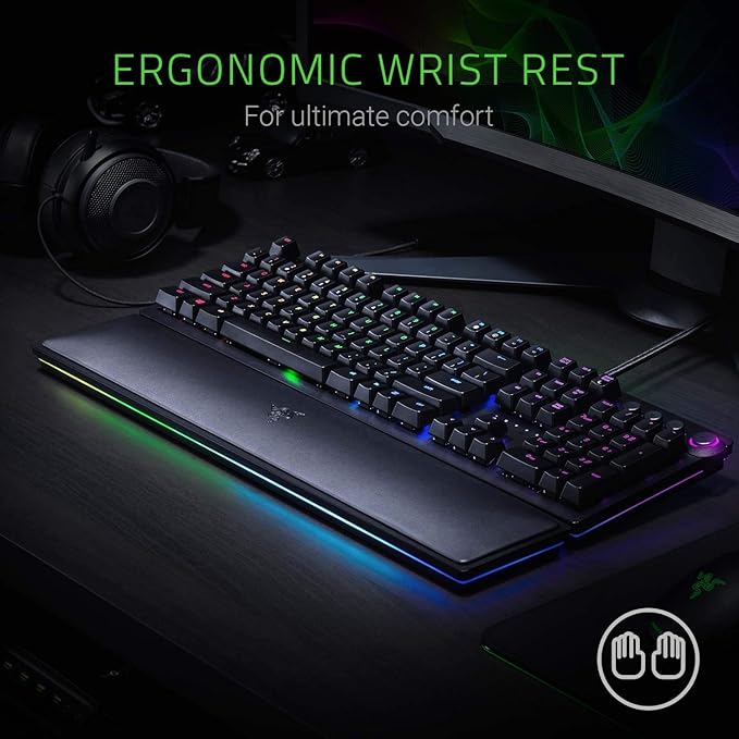 Razer Huntsman Elite Opto-Mechanical Switch - Multi-Functional Digital Dial & Media Keys - Leatherette Wrist Rest - 4-Side Underglow - Gaming Keyboard, Wired refurbished