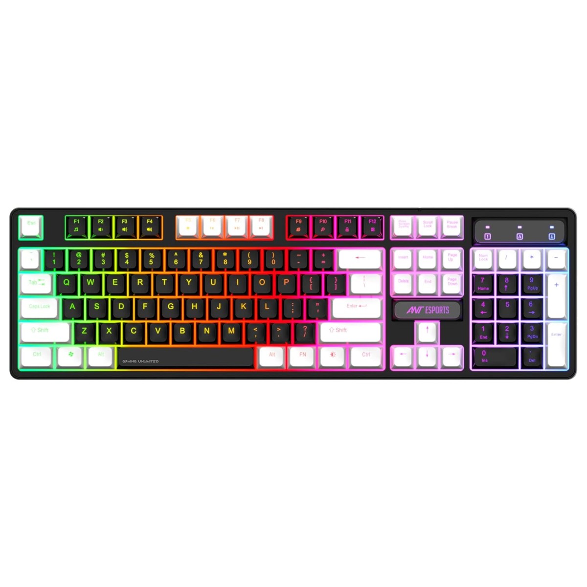 Ant Esports MK1400 Rainbow LED Illumination, White and Black Keycaps, Backlit Membrane Wired USB Gaming Keyboard Black
