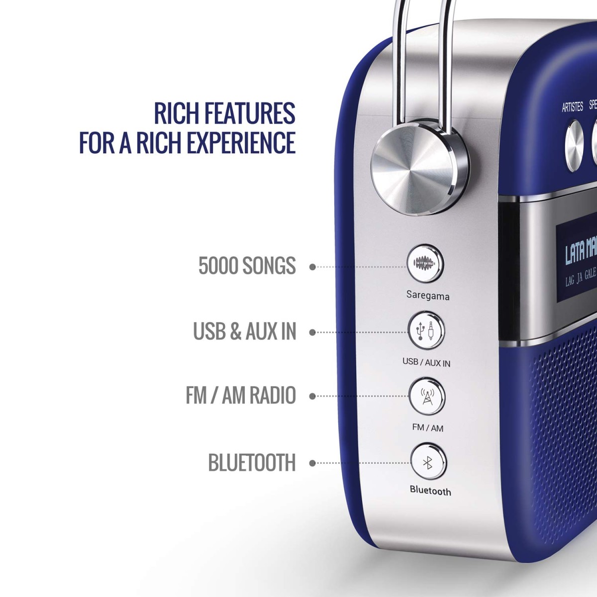 Saregama Carvaan Premium Hindi - Portable Music Player with 5000 Preloaded Songs, FM/BT/AUX (Royal Blue)
