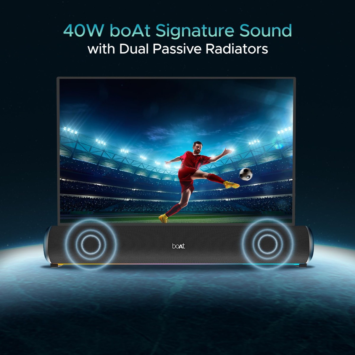 boAt Aavante Bar 950,Stream Free Music on JioSaavn, Dual Passive Radiators,7H Battery 40 W Bluetooth Soundbar (Premium Black, 2.0 Channel)