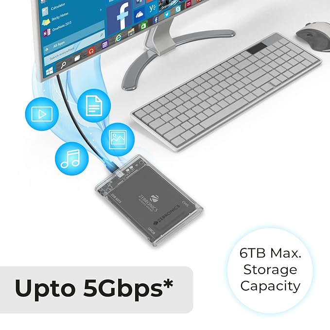 ZEBRONICS CSH01 2.5 SATA SSD Enclosure with Transparent case, Type C 3.1, Upto 5 gbps* and Upto 6TB Max Storage Capacity