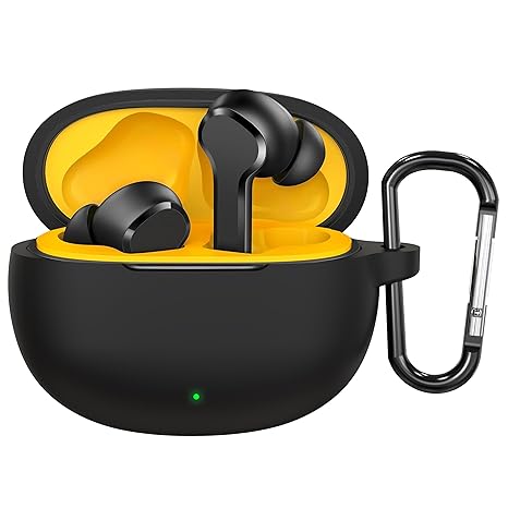 Sounce Portable Silicone Case Cover for Realme TechLife Buds T110 with Carabiner Clip & Keychain (Black)