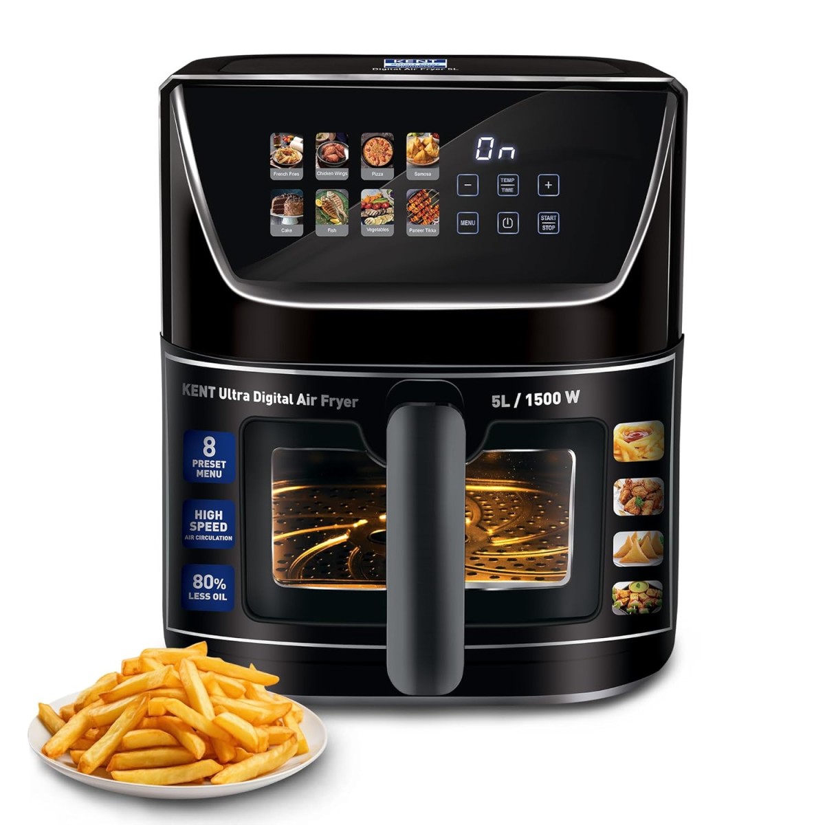KENT Ultra Digital Air Fryer 5L | 1500W | Bake, Grill & Roast | Up to 80% Less Oil Usage |8 Preset Menu|Rapid Heat Circulation KENT Ultra Digital Air Fryer 5L | 1500W | Bake, Grill & Roast | Up to 80% Less Oil Usage |8 Preset Menu|Rapid Heat Circulation