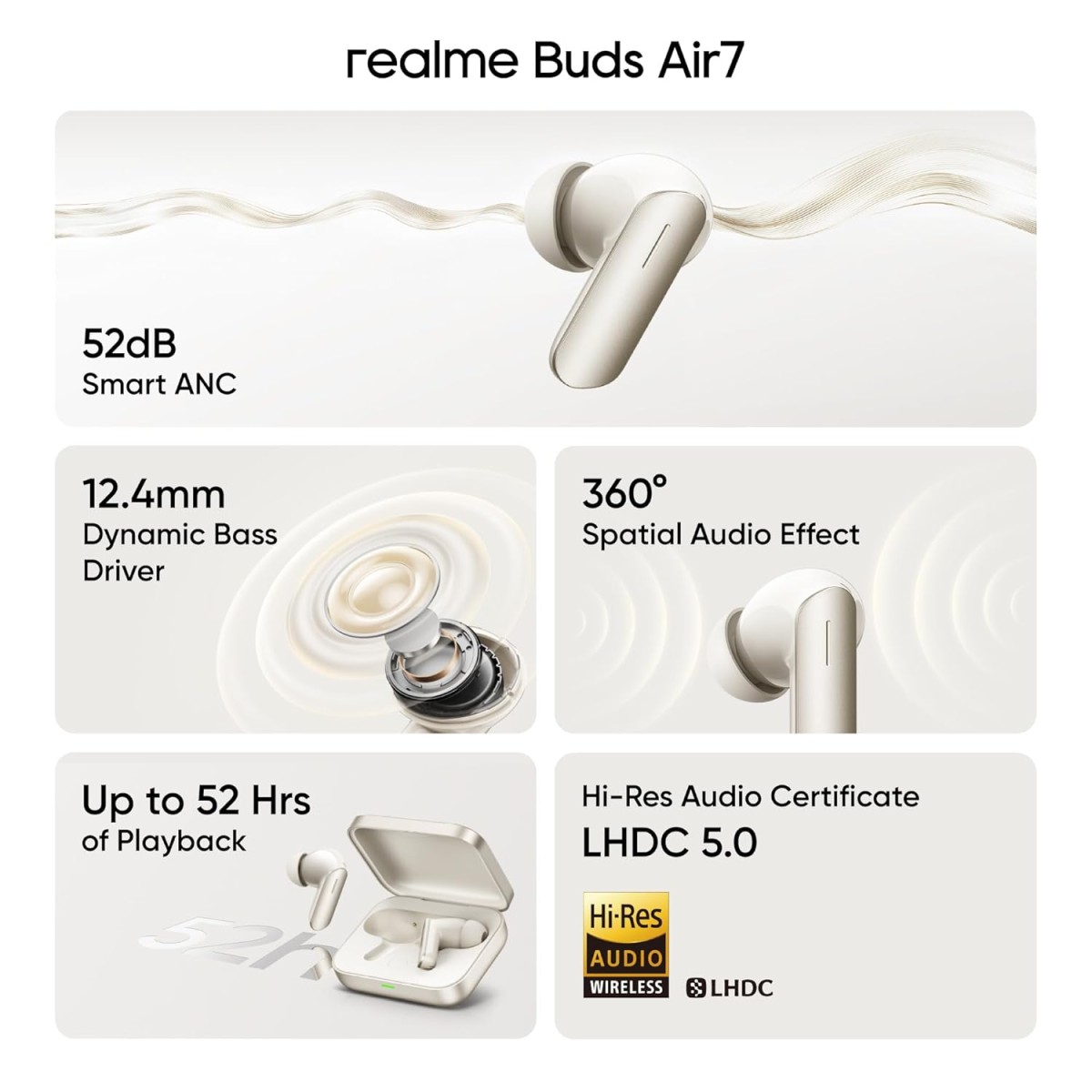 realme Buds Air 7,12.4mm Dynamic Bass Drivers,52Hrs Playtime,52dB Hybrid ANC,6 Mic ENC,45ms Low Latency,360° Spatial Audio,Hi-Res LHDC,IP55 Dust & Water Resistant,True Wireless TWS BT v5.4(Ivory Gold) realme Buds Air 7,12.4mm Dynamic Bass Drivers,52Hrs Playtime,52dB Hybrid ANC,6 Mic ENC,45ms Low Latency,360° Spatial Audio,Hi-Res LHDC,IP55 Dust & Water Resistant,True Wireless TWS BT v5.4(Ivory Gold)