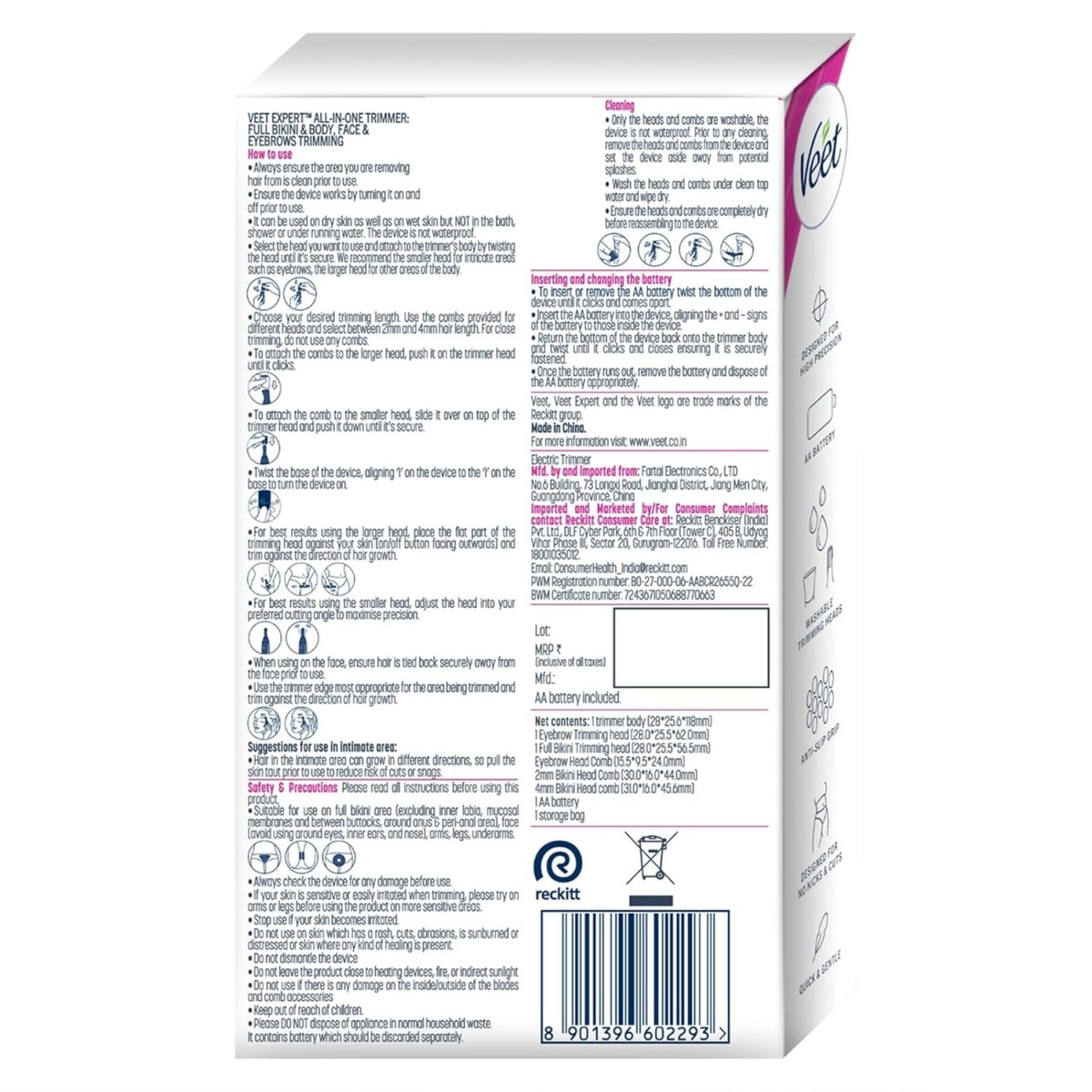 Veet Expert All-In-One Facial and Body Grooming Women’s Trimmer 60 min Runtime 5 Length Settings Grey