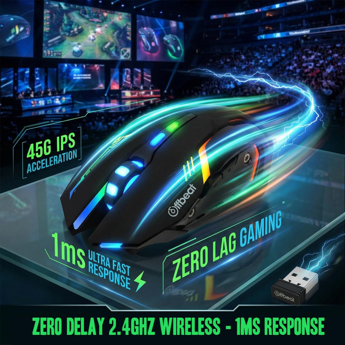 Offbeat RIPJAW 2.4Ghz Rechargeable Wireless Gaming Mouse, Silent Click Buttons Mouse - 7D Buttons, DPI : 1600,2400,3200, Mice for PC/Laptop/Smart TV/Mac(Light Weight)