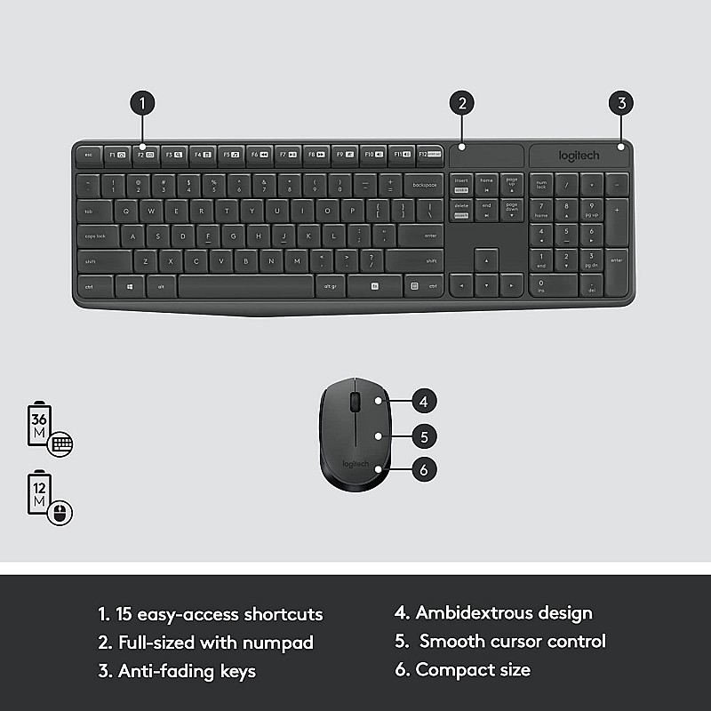 Logitech MK235 Wireless Keyboard and Mouse Combo for Windows, 2.4 GHz Wireless with Nano USB-Receiver