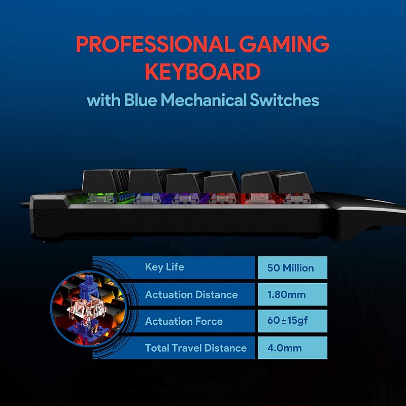 EvoFox Katana Fully Programmable Mechanical Gaming Keyboard with Blue Switches, Backlit Keys,   (Black